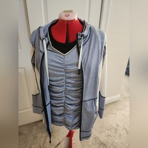 Synergy By Chico' Size 2 Blue and White Ruched Top Shirt Set with Hoodie